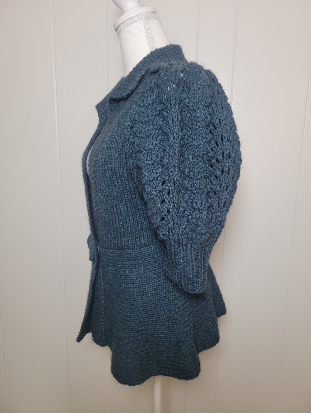 Anthropologie × Charlie & Robin Cardigan Wool Alpaca Crochet Puff Sleeve Teal SM - Picture 5 of 8